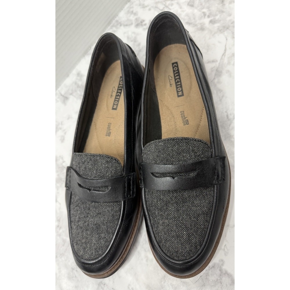 Clarks Raisie Eletta Women's 10M Black & Gray Tweed Combi Leather Penny Loafers. - Picture 3 of 10